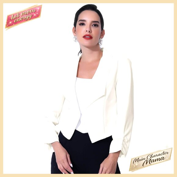 Cropped Blazer Notched Lapel Ruched Sleeve Business Casual Office Wear